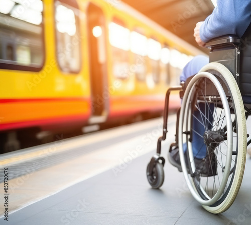 a person with disabilities in a wheelchair at the station, accessibility of transport for disabled people, close-up photo