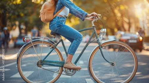 A stylish female cyclist with a backpack rides an old bike on a city street during sunset photo