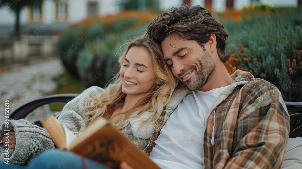 Obraz premium A cheerful couple enjoys a moment of intimacy while reading a book outdoors, sharing smiles