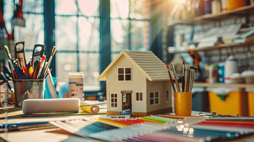 Hardware store desk with home painting supplies displayed and a model house, emphasizing the stores commitment to home improvement. Generative AI Hardware store desk with home painting supplies displayed and a model house, emphasizing the stores commitment to home improvement. Generative AI