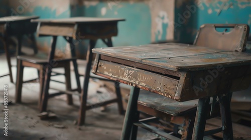 This is an image of an old, wooden school desk. The desk is in a state of disrepair, with the paint peeling and the wood chipping. © Nijat