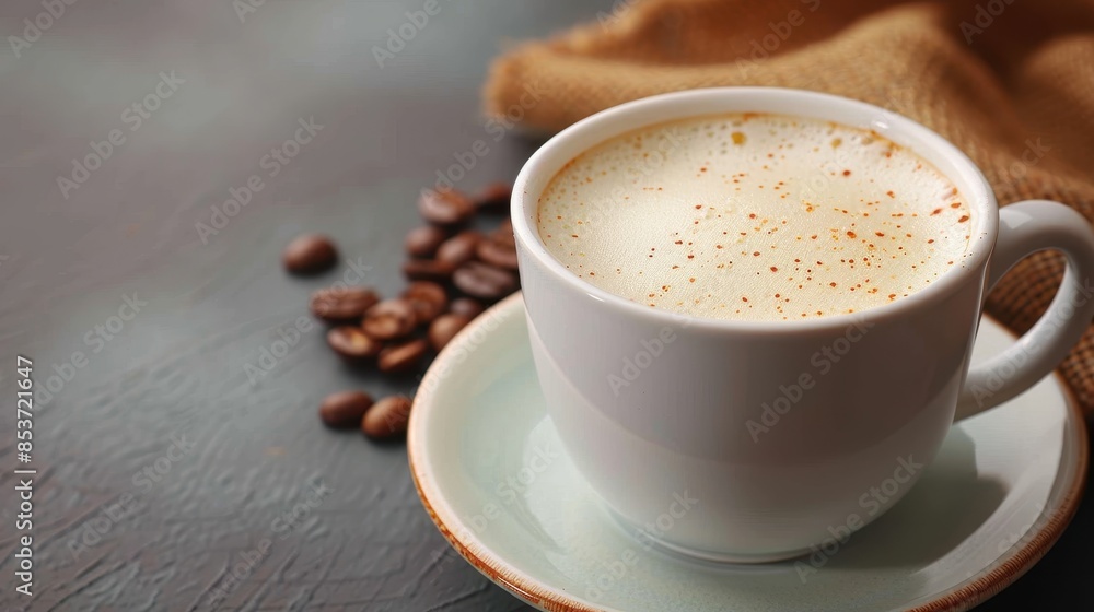 A white cup of frothy coffee with scattered beans on a textured dark grey background A white cup of frothy coffee with scattered beans on a textured dark grey background