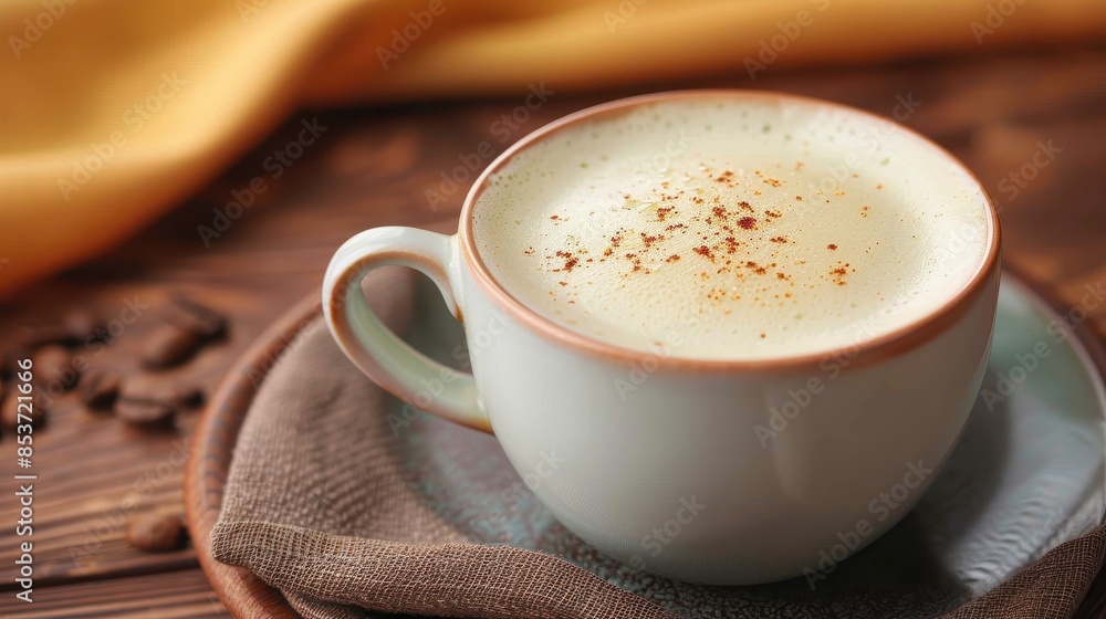 Delicious cappuccino with frothy foam, coffee bean topping, and a cup handle visible, against a wooden background Delicious cappuccino with frothy foam, coffee bean topping, and a cup handle visible, against a wooden background