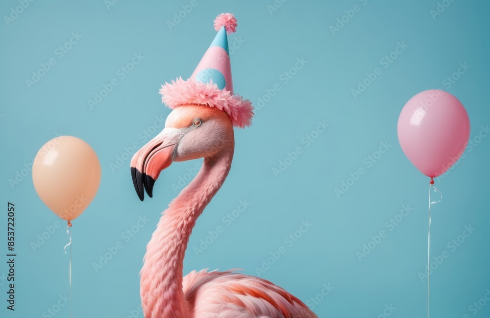 Naklejka premium A vibrant pink flamingo adorned with a colorful party hat stands amidst a cluster of helium balloons, ready to celebrate a joyous occasion.