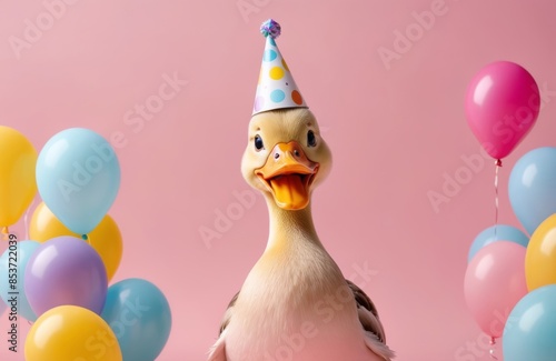 A jubilant duck, adorned with a festive party hat, revels in the merriment of its birthday celebration, surrounded by a vibrant array of colorful balloons.