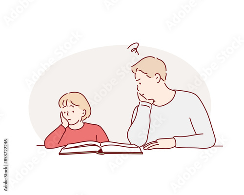 Little sad girl stressed with difficulties mathematics homework with his tired dad.  Hand drawn style vector design illustrations.