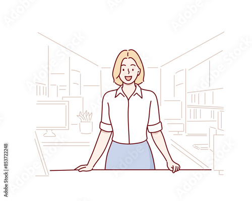 woman in a busy modern workplace. Hand drawn style vector design illustrations.