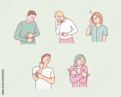 Sick characters set of people with pain and diseases. Hand drawn style vector design illustrations.