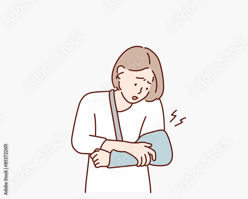  woman with broken hand. Hand drawn style vector design illustrations.