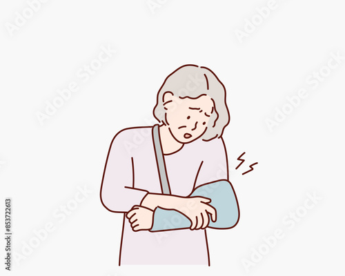  old woman with broken hand. Hand drawn style vector design illustrations.
