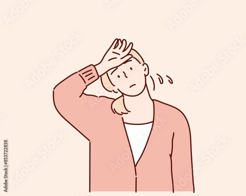 woman hold her head because of illness or stress at work. Hand drawn style vector design illustrations.