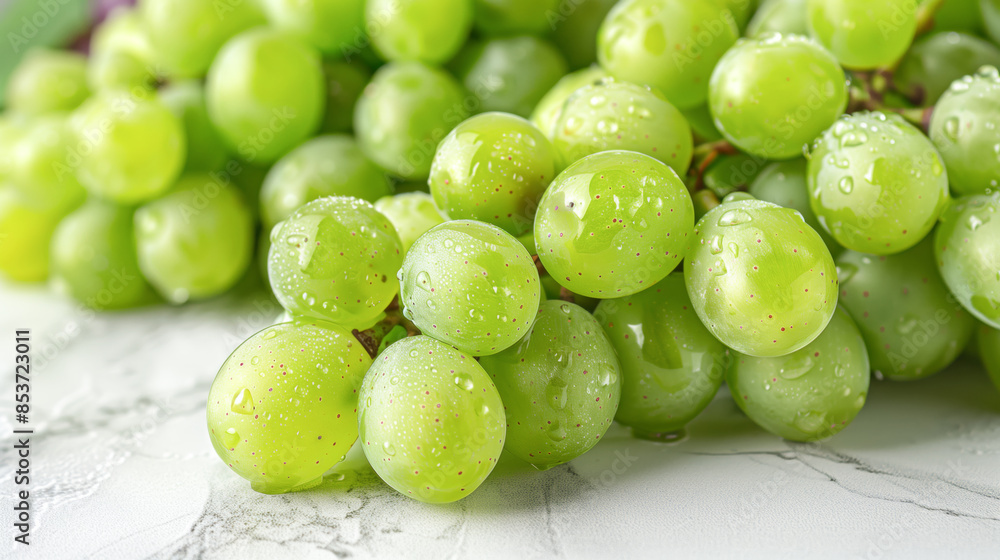 Fresh green grapes with water droplets on marble, exuding freshness and vitality Fresh green grapes with water droplets on marble, exuding freshness and vitality