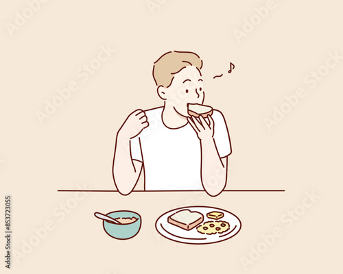 man having tasty breakfast. Hand drawn style vector design illustrations.