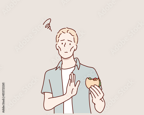 A sad man not hungry. Anorexia, bulemia.The man refusing to eat. Diet risk. Hand drawn style vector design illustrations.