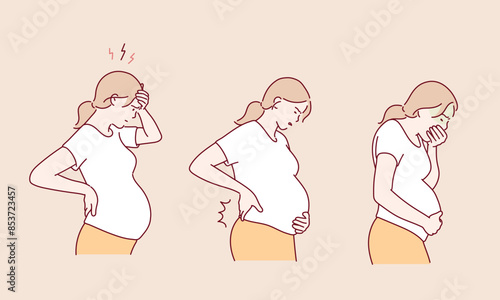 Pregnancy symptoms. Different types of discomfort during pregnancy. Pregnant female conditions. Hand drawn style vector design illustrations.