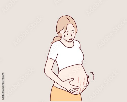 Pregnant women with stretch marks on the stomach. Hand drawn style vector design illustrations.