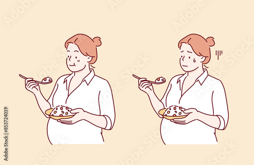 pregnant woman eating. Hand drawn style vector design illustrations.