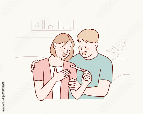 Happy woman holding pregnancy kit while sitting beside husband at home. Hand drawn style vector design illustrations.