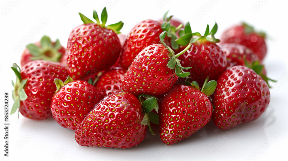 Fresh juicy strawberries on a white background, vibrant red color with green stems Fresh juicy strawberries on a white background, vibrant red color with green stems