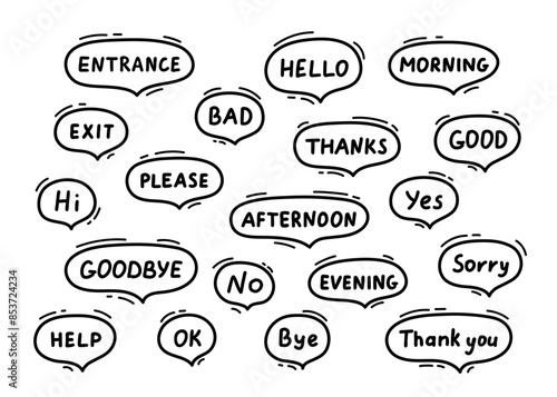 Speech balloon with commonly used word, line hand drawn doodle. Talk bubble frame, dialog box, cloud with text. Scribble simple line. Vector illustration