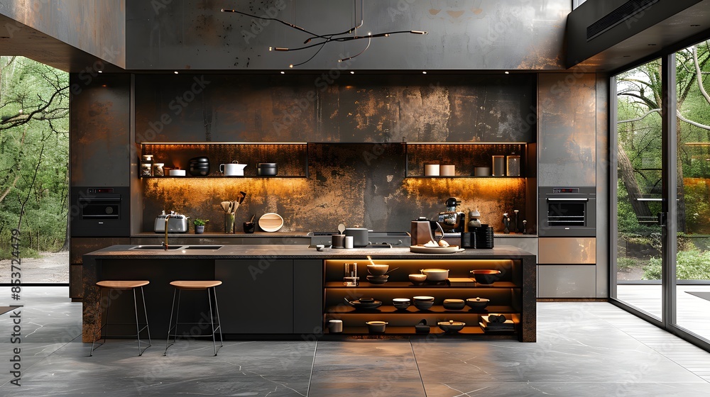 A modern kitchen with sleek designs and an elegant dark color palette set against a window view of a green forest. A modern kitchen with sleek designs and an elegant dark color palette set against a window view of a green forest.