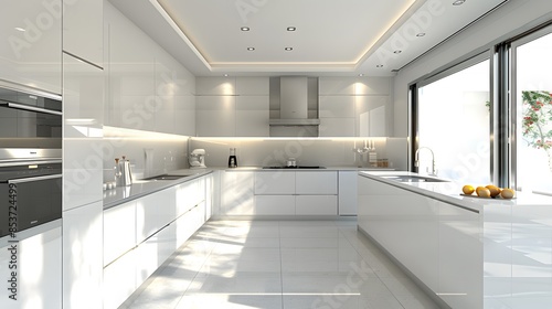 A modern, bright kitchen interior with sleek white cabinets and stainless steel appliances illuminated by natural light through large windows. 