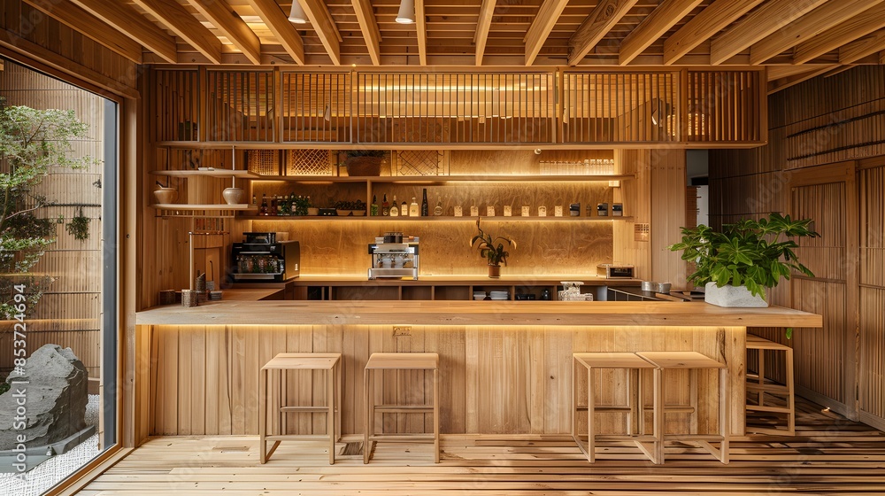 Modern wooden bar interior with stools and decorative plants, in natural light with a minimalist aesthetic Modern wooden bar interior with stools and decorative plants, in natural light with a minimalist aesthetic