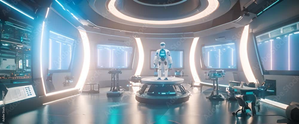 A robot in a futuristic lab, surrounded by glowing screens and gadgets, testing its strength by lifting heavy weights A robot in a futuristic lab, surrounded by glowing screens and gadgets, testing its strength by lifting heavy weights