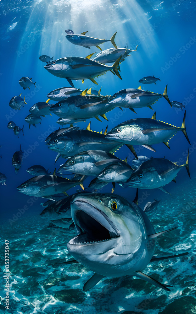 school of tuna fish shooting in ocean under water. close up. Ai generated