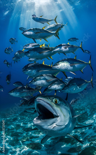 Obraz na płótnie school of tuna fish shooting in ocean under water. close up. Ai generated w salonie