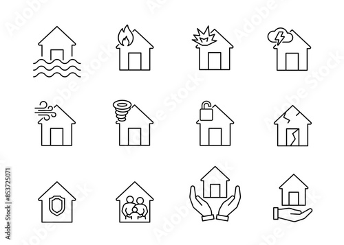 Natural disaster and insurance house, line icon. Flood, fire, explosion, strong wind, burglary and other accident. Home protection and security. Vector sign