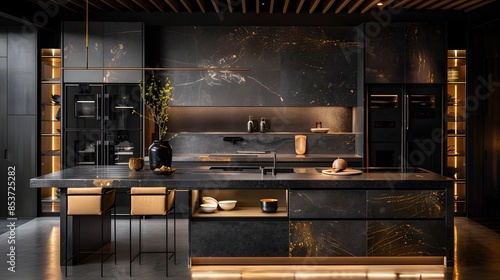 Modern luxury kitchen interior design with dark cabinets and golden lighting accents featuring a marble island and high-end appliances 