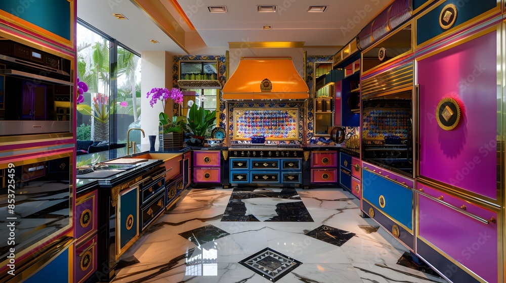 An eclectic kitchen with vibrant colors and modern appliances exudes luxury and bold style. An eclectic kitchen with vibrant colors and modern appliances exudes luxury and bold style.
