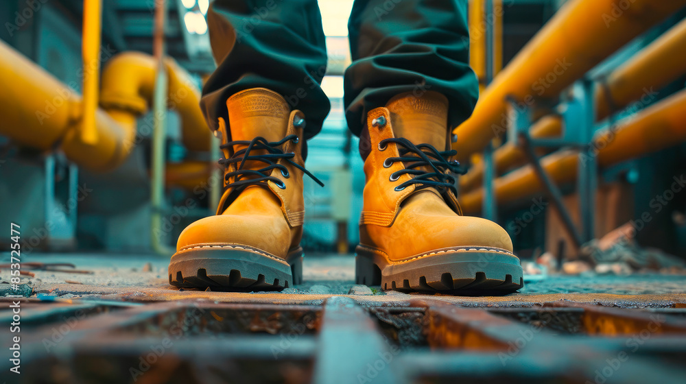 Close up feet wearing yellow leather shoes, which are safety shoes with steel inside to prevent injuries Close up feet wearing yellow leather shoes, which are safety shoes with steel inside to prevent injuries