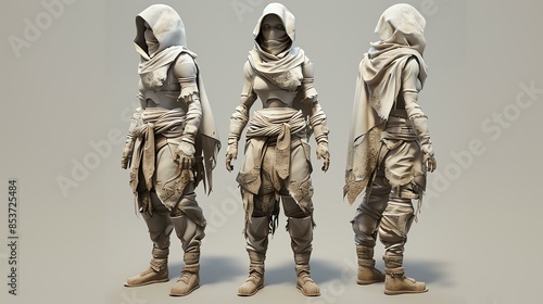 3D rendering of a female desert warrior. She is wearing a white and brown outfit and has a sword.