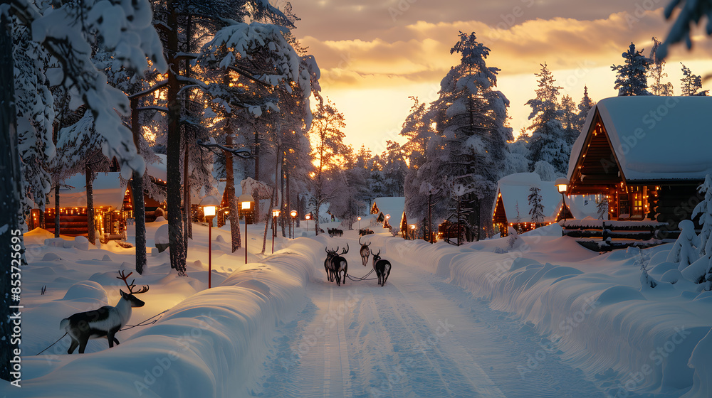 Fototapeta premium A magical Lapland landscape with reindeer, husky sledding, and the Santa Claus Village, capturing the essence of a polar winter.