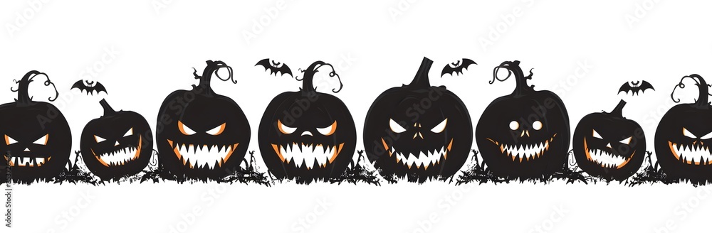 Fototapeta premium Vector illustration of row silhouette jack o lanterns pumpkins isolated on white background with blank space for text.