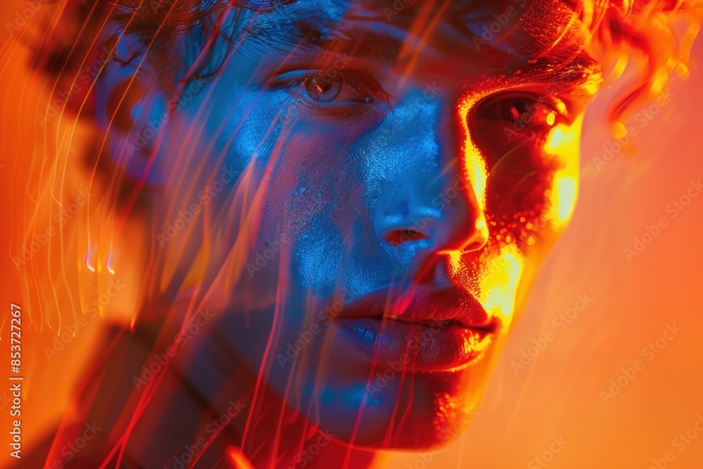 A striking studio portrait of a model man glowing under the spotlight, with a soft bokeh background adding depth and dimension. The panning effect gives the photograph a dynamic edge, capturing the A striking studio portrait of a model man glowing under the spotlight, with a soft bokeh background adding depth and dimension. The panning effect gives the photograph a dynamic edge, capturing the