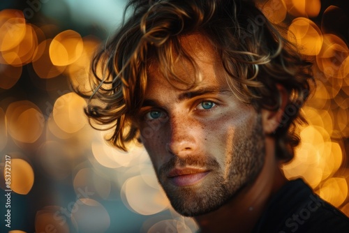 A stunning studio portrait of a model man glowing with the perfect balance of light and shadow. The bokeh background creates a magical ambiance, complemented by a panning effect that infuses the