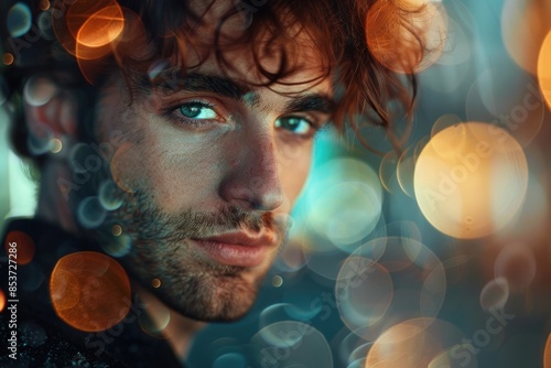 A stylish studio portrait of a model man glowing with a captivating light. The bokeh effect in the background enhances the dreamy quality of the image, while the panning effect adds a sense of motion