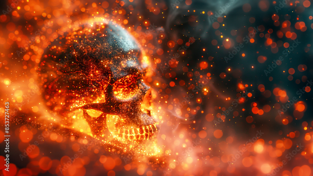 Fiery skull engulfed in flames and sparks, creating intense and dramatic visual. Concept of power, danger, and supernatural, blending elements of horror and fantasy in striking composition. Copy space Fiery skull engulfed in flames and sparks, creating intense and dramatic visual. Concept of power, danger, and supernatural, blending elements of horror and fantasy in striking composition. Copy space