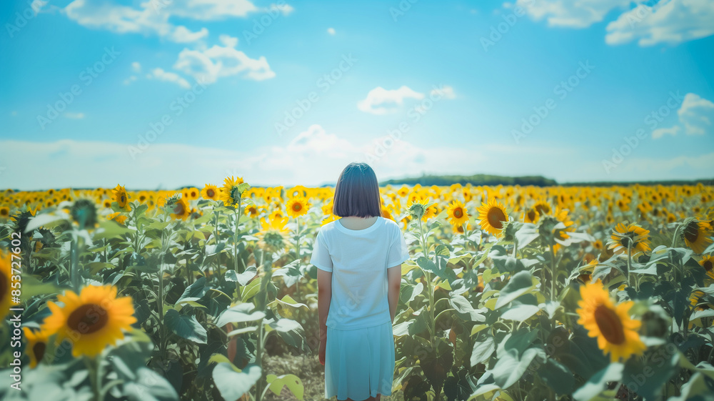 Fototapeta premium ひまわり畑に立つ女性の後ろ姿