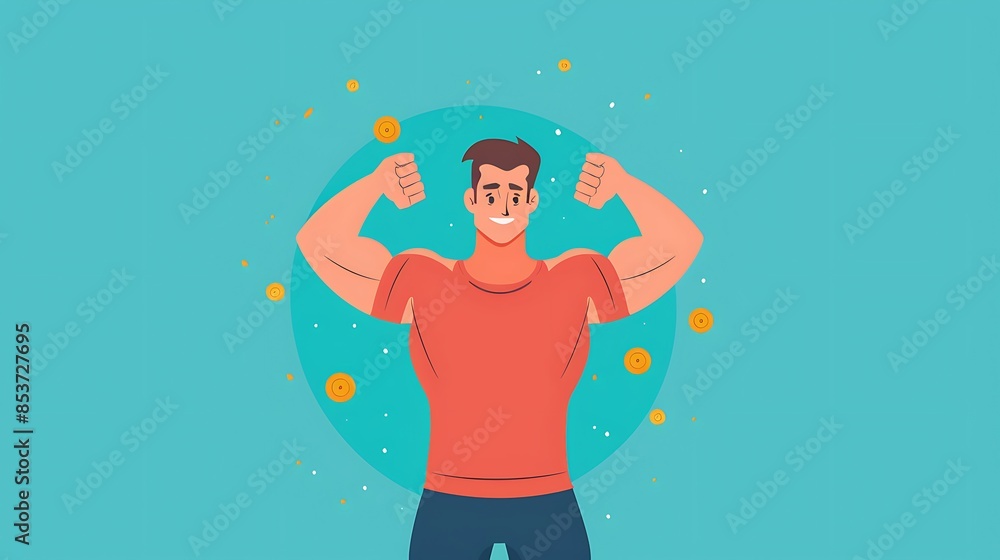 Strong and Confident Cartoon Character with Flexed Muscles and Floating Coins on Blue Background Strong and Confident Cartoon Character with Flexed Muscles and Floating Coins on Blue Background