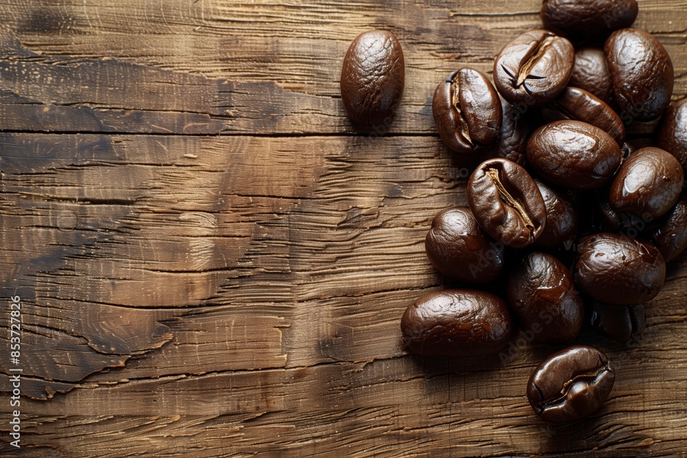 Dark toasted coffee beans. Flat lay. Cafeteria concept. Copy space for text. Top to down. Close up Dark toasted coffee beans. Flat lay. Cafeteria concept. Copy space for text. Top to down. Close up