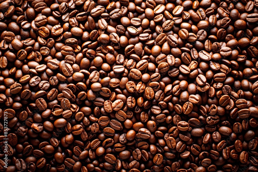Toasted coffee seeds. Close up. Flay lay. Dark hot drink. Top to down view