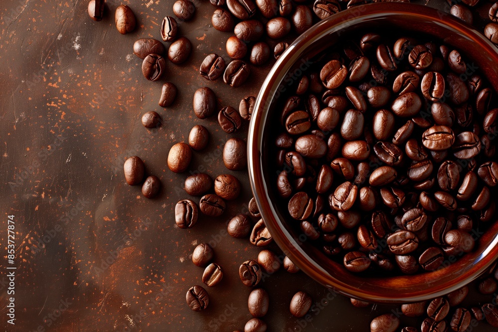 Coffee beans in a wooden bowl. Textured surface. Flay lay. Copy space. Top to down Coffee beans in a wooden bowl. Textured surface. Flay lay. Copy space. Top to down