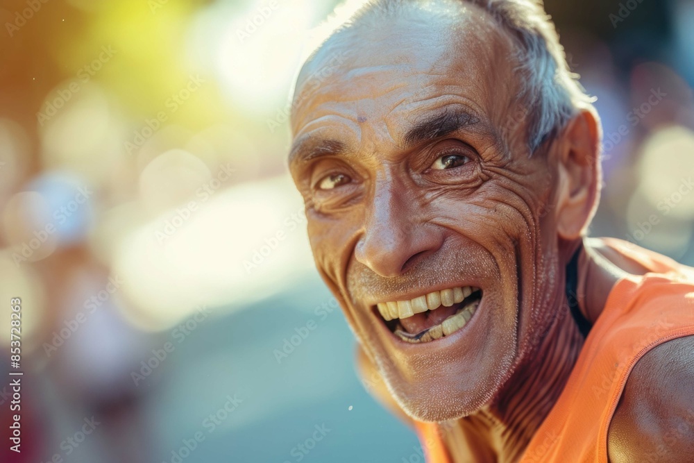 face of a happy man running a marathon background close-up face of a happy man running a marathon background close-up