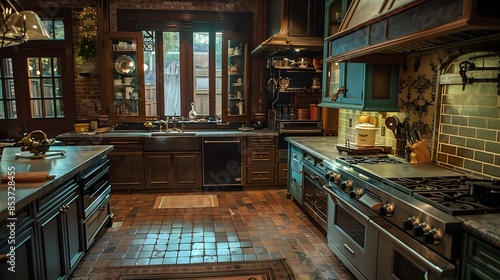 A rustic yet elegant kitchen with dark wood cabinets, brick floor, and vintage decor exudes a warm, inviting atmosphere.