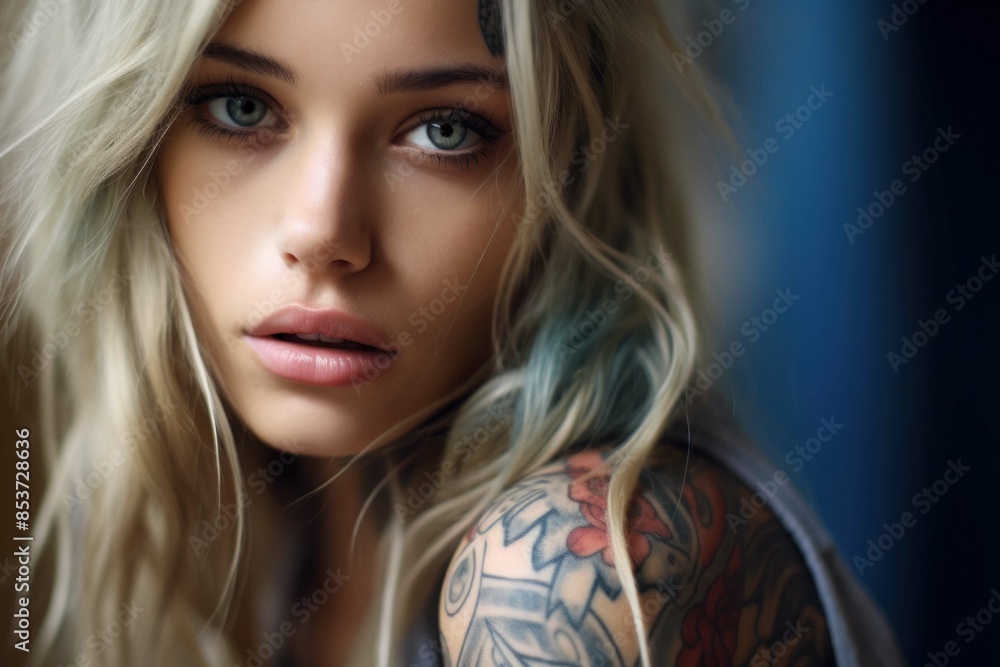 Fototapeta premium tattooed girl against the background of a tattoo salon portrait close-up
