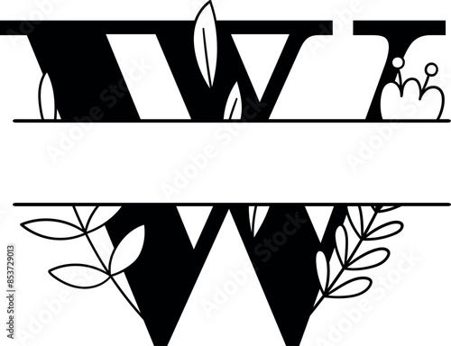 Split monogram letter W vector. Alphabet floral initial logo W
